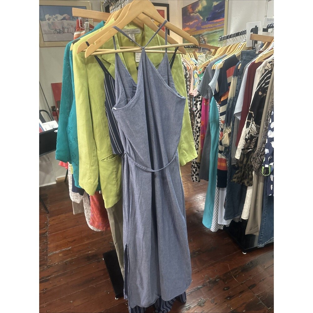 100% Cotton Chambray Sundress Belt Strappy t back Large Denim Blue Beach Summer - Picture 6 of 6